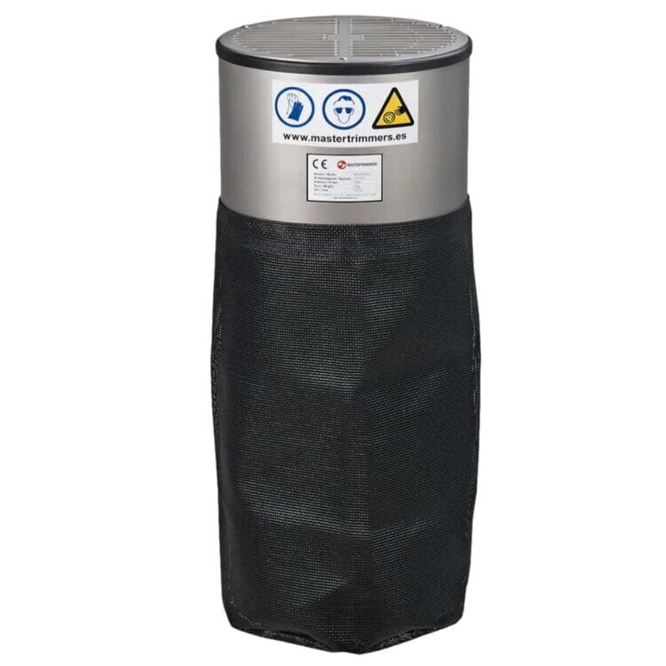 En kompakt, håndholdt trimmer med en metaloverflade og en sort gummihandtag. Trimmerens skærehoved er udstyret med fine tænder, som er synligt skarpe. Der er en tydelig justeringsknap på siden, mens undersiden har en glat overflade. Den samlede form er strømlinet og ergonomisk, ideel til præcisionsarbejde.