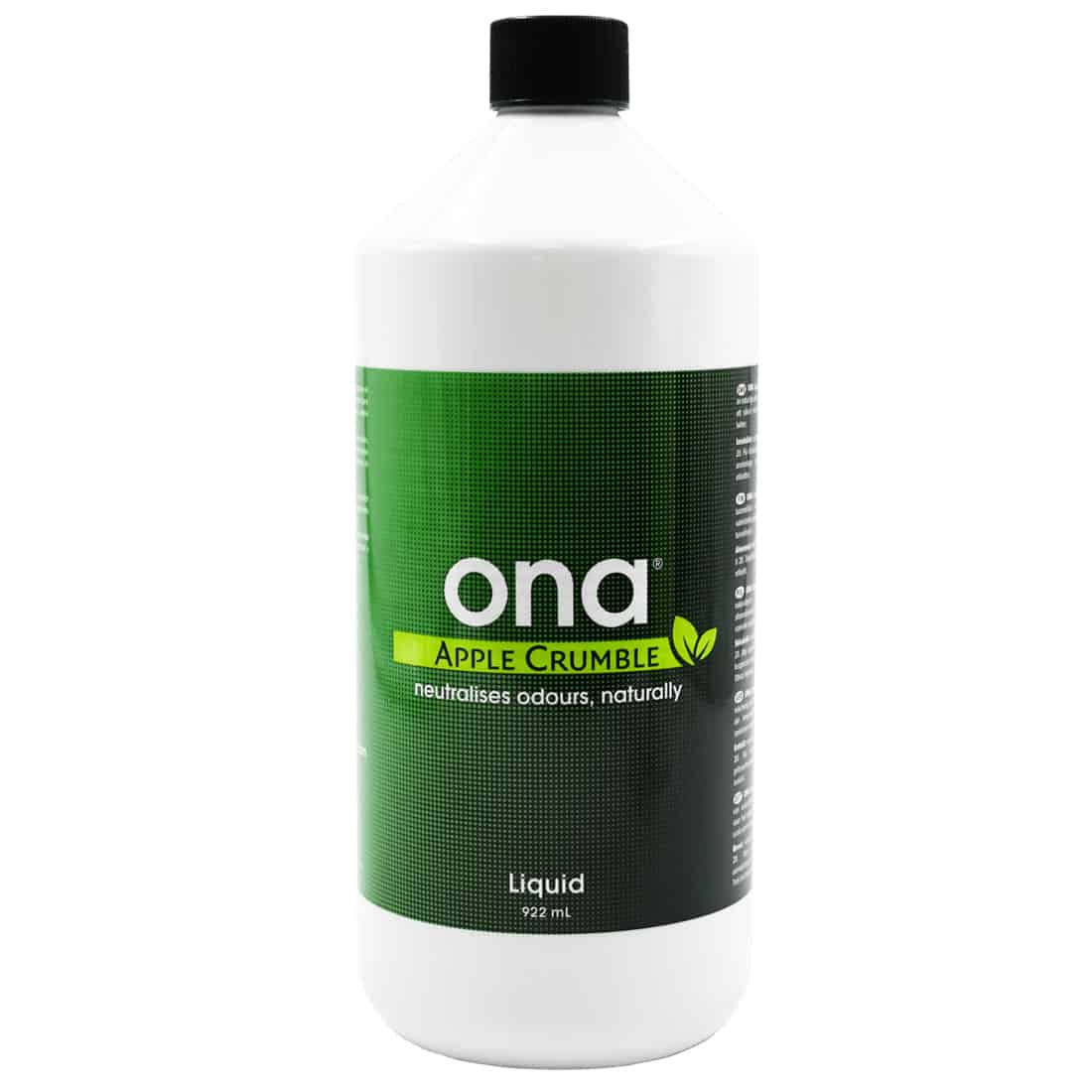 En klar, gennemsigtig flaske indeholder en lys, gyldenbrun væske med en let viskøs konsistens. Flaskens etiket præsenterer en grøn æbleillustration samt teksten "Apple Crumble" i en elegant, moderne skrifttype. Kanten af flasken er afrundet, og låget er skruefarvet med en mat finish. Baggrunden er neutral og fremhæver flaskens detaljer.