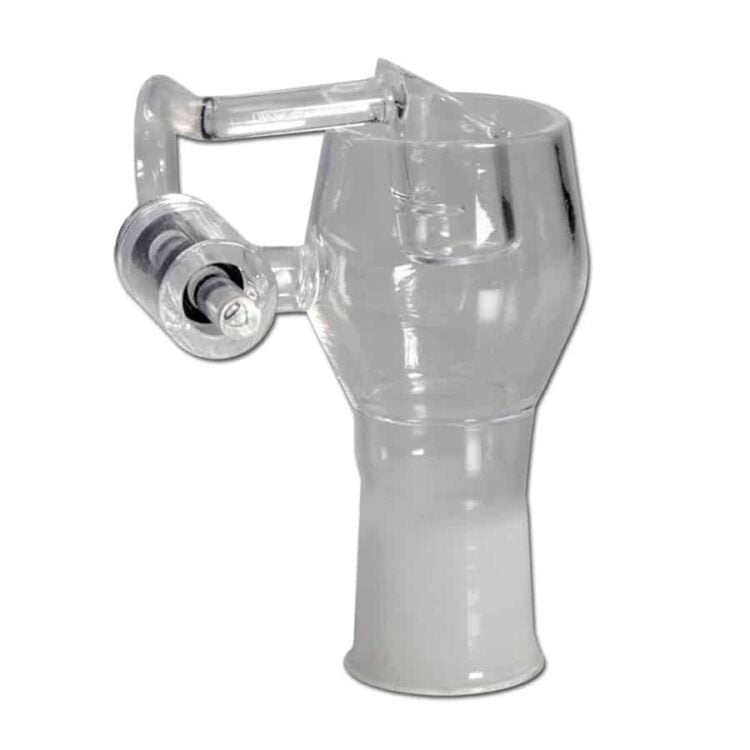 En klar glas honningkrukke med en glat overflade og en let svungen form. Krukken har en gylden honningfarvet væske indeni, som skinner i lyset. Låg med en lille, rund åbning i midten, der er designet til at holde en ske. Bunden er let afrundet, og krukken står stabilt.