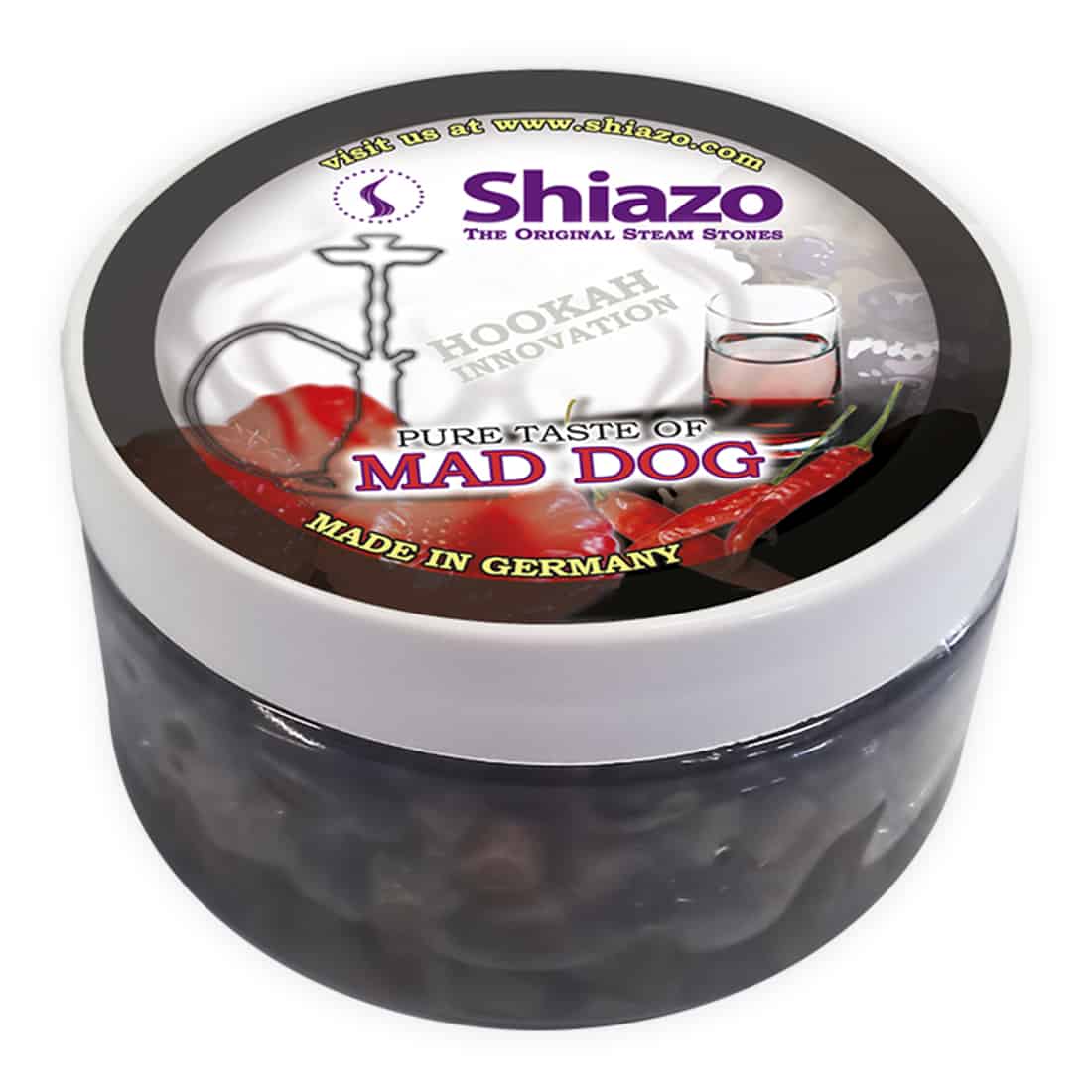 En transparent plastikpose indeholder 100 gram små, runde, farverige tobaksfrie urter. Urterne er blandet i nuancer af grøn, brun og gul, og de har en tør, krøllet tekstur. Posen er lukket med en genlukkelig flap. Øverst er der en sort og hvid etiket med tekst og symboler, der angiver produktinformation.