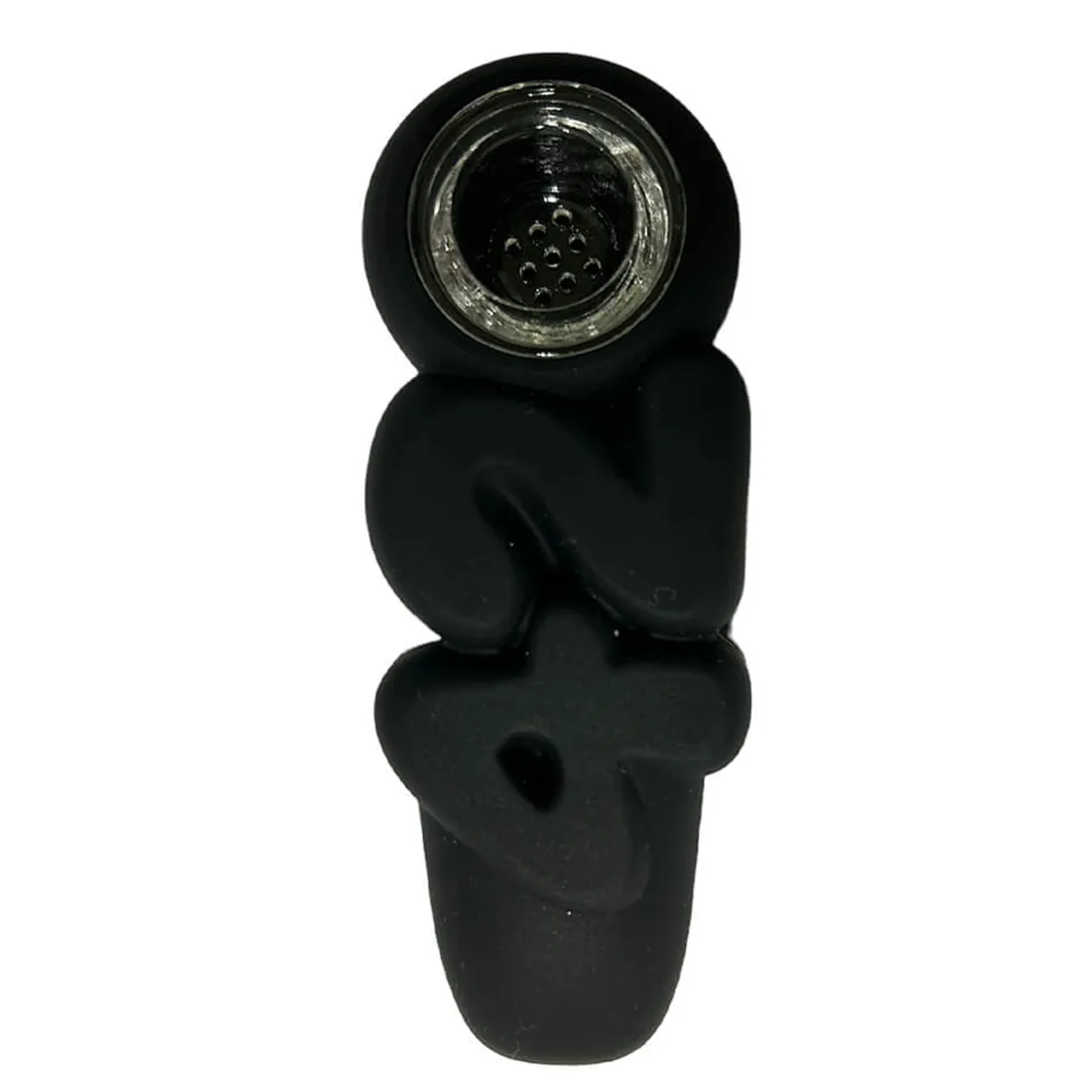 En sort silikonepibe med en glat, mat overflade, der måler 10 cm i længden. Piben har en let buet form med en afrundet mundstykke og en bredere, cylindrisk krop. Der er en diskret, integreret skål til opbevaring af materiale. Den fleksible struktur giver mulighed for let transport og brug.