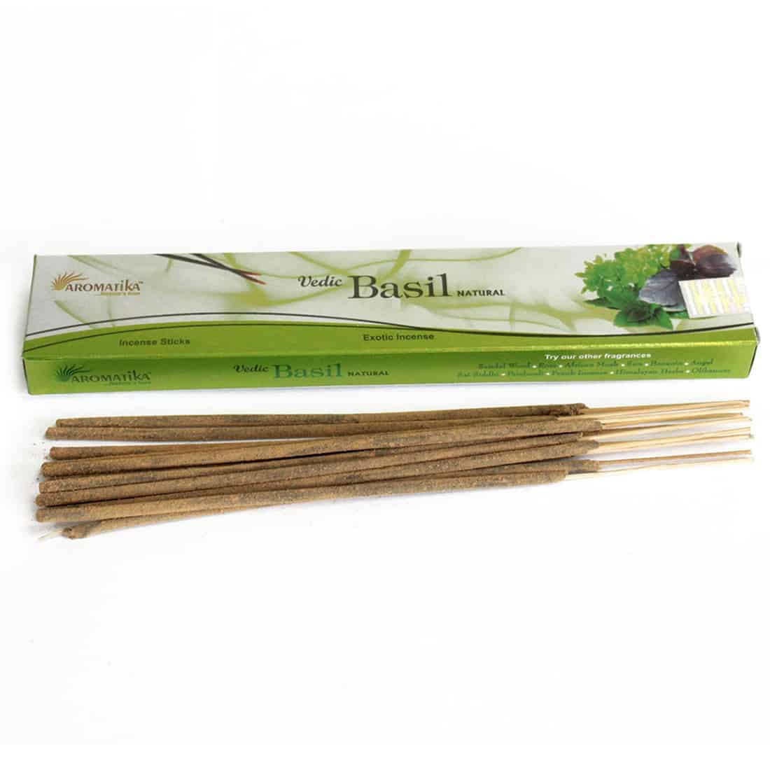 Røgelsespinde i en pakke med tolv stykker, præsenteret i en rektangulær emballage. Pindene er lange og slanke, med en dyb brun farve og en glat overflade. Emballagen har en grøn baggrund med tekst og symboler i hvid, der angiver indholdet. Mønstrede detaljer kan ses langs kanterne, som tilføjer visuel interesse.