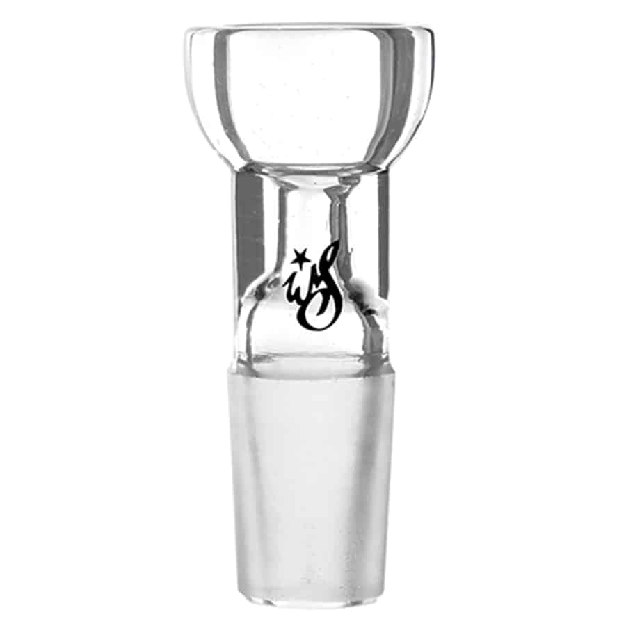 En gennemsigtig glasbowl med glat overflade og en grønlig nuance. Den har en rund form med en bred åbning øverst og en smalere bund, der passer til en SG 18 forbindelse. Glasstrukturen har en let bølget tekstur, og der er en tydelig skillelinje mellem bowlens krop og det tilsluttede rør. Indersiden er blank og skinnende.