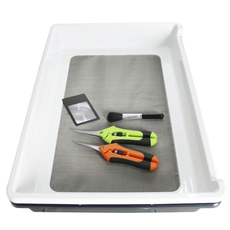 Heisenberg trimtray-setet består af en sort, rektangulær bakke med afrundede kanter. Overfladen har en mat finish, mens indersiden er prydet med et diskret mønster. Settet inkluderer en lille, firkantet skål i klar plast med en glat overflade, der har en tæt, præcist formet kant. Begge elementer er placeret side om side, hvilket giver en harmonisk komposition.