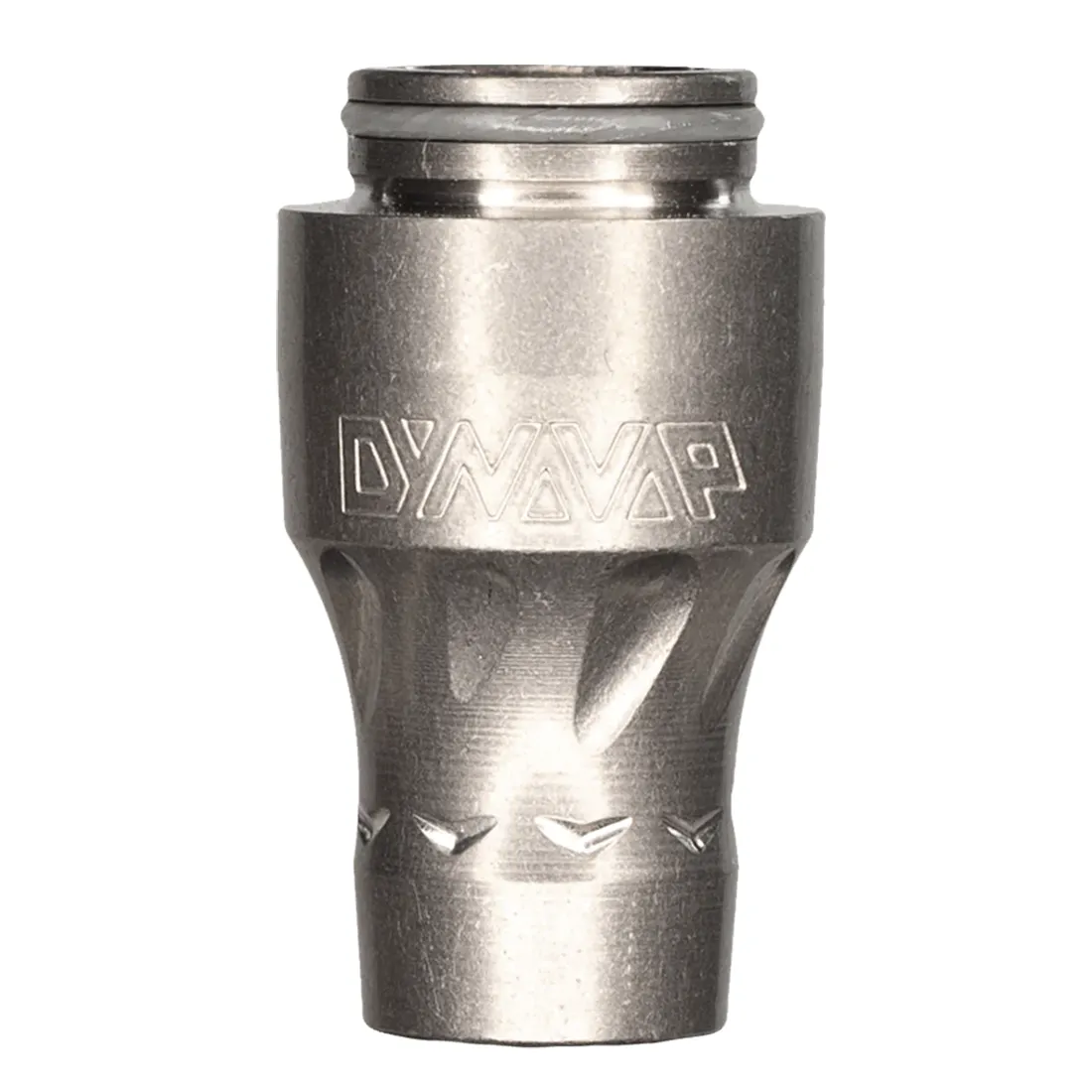 Dynavap The Vong er en vaporizer fremstillet i titanium, der har en børstet overflade med en mat finish. Den har en slank, cylindrisk form med et tydeligt, sølvfarvet mundstykke. Øverst findes en skål med en perforeret inderside. En lille, rund knap i toppen er designet til temperaturkontrol, og en let krumning fremhæver det ergonomiske design.