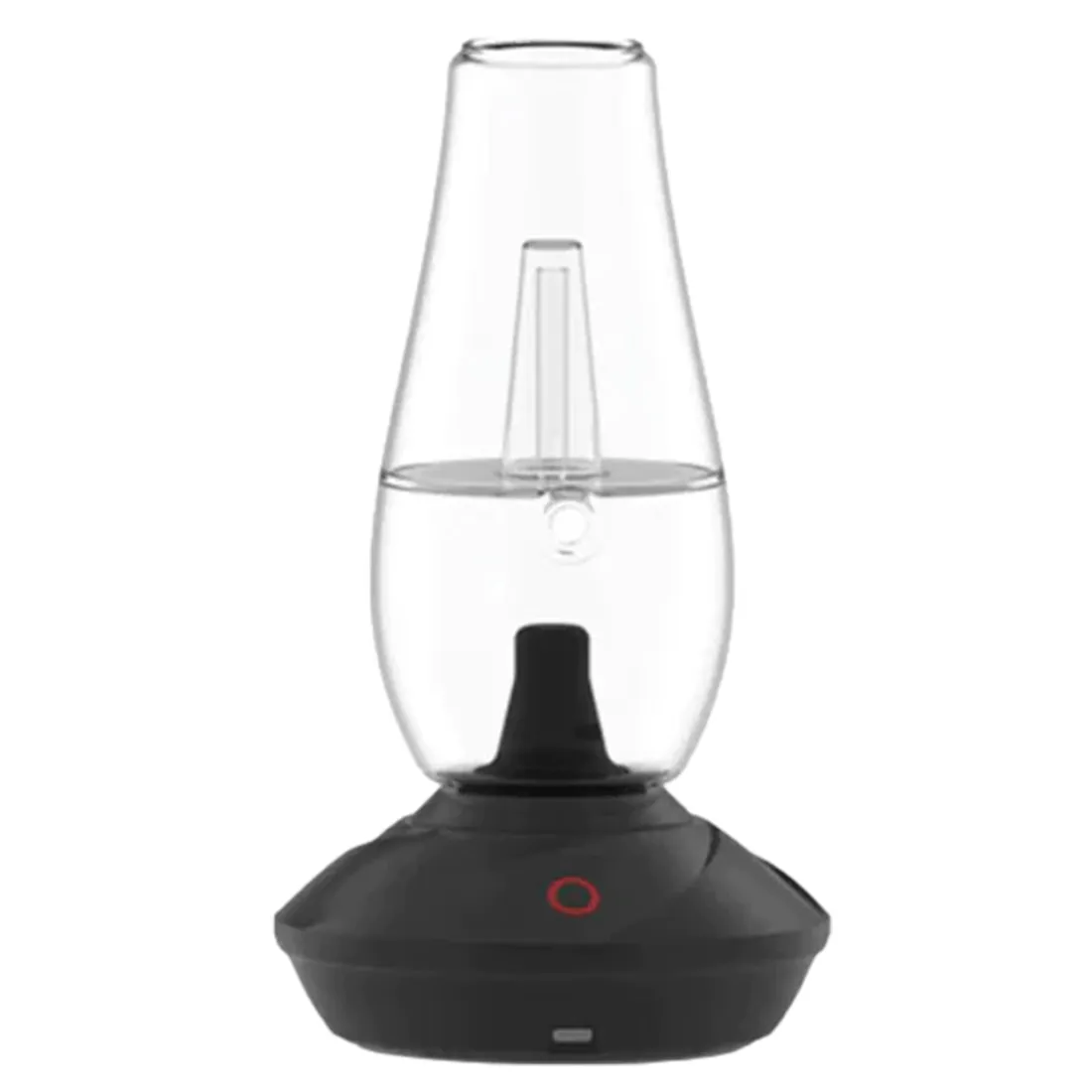 Zenco Flow Onyx vaporizer præsenterer sig med en slank, sort matte overflade og en let buet form. Det har en kontrolleret, ergonomisk greb med en diskret knap placeret på siden. Den gennemsigtige tank viser en glasklar væske, og den bløde silikonebund tilføjer en blød tekstur. En subtil lysindikator signalerer enheden i brug.