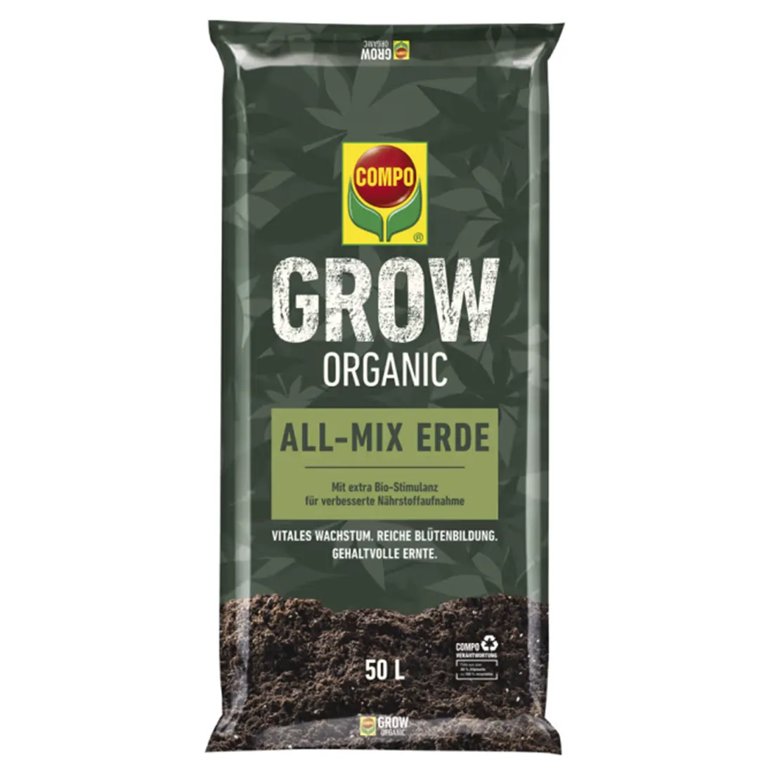 En stor, klar plastikpose indeholder en mørkebrun, grovkornet jordblanding. Posens overflade er glat med trykt tekst, der angiver produktets navn og specifikationer i hvid og grøn farve. Mønsteret på posen er simpelt, med en mat finish, mens jorden selv fremstår fugtig og let klumpet, hvilket indikerer dens organiske sammensætning.