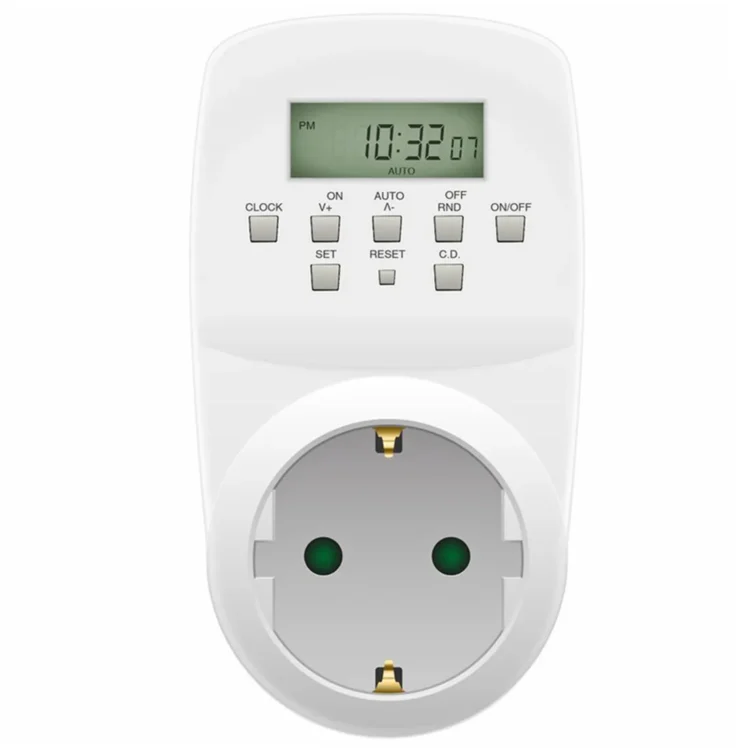 En digital timer præsenterer sig med en sort ramme og en klar, lys baggrund. Skærmen viser tydelige, sorte cifre, der angiver tiden i timer og minutter. Der er en række knapper placeret under skærmen, med en kombination af cirkulære og firkantede former. Timerens overflade har en glat tekstur, hvilket giver et moderne udtryk.