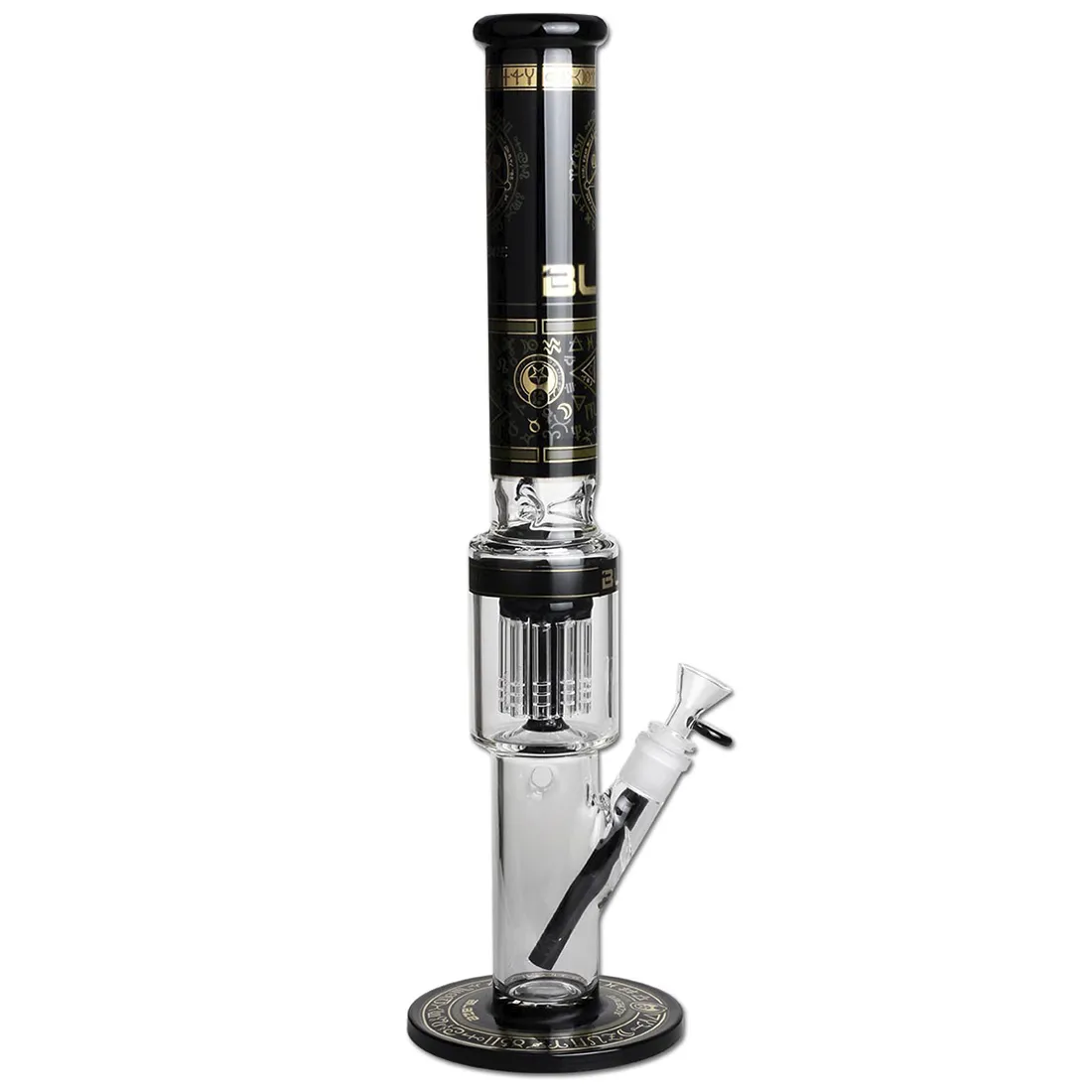 En høj bong i klart glas med en højde på 48 cm. Den har en slank, cylindrisk form med en bred bund, der giver stabilitet. Bongen er udstyret med en 10-armet perkolator, der skaber komplekse mønstre af bobler. Farverne er primært klare, med subtile nuancer og detaljer, der giver en elegant og detaljeret tekstur.