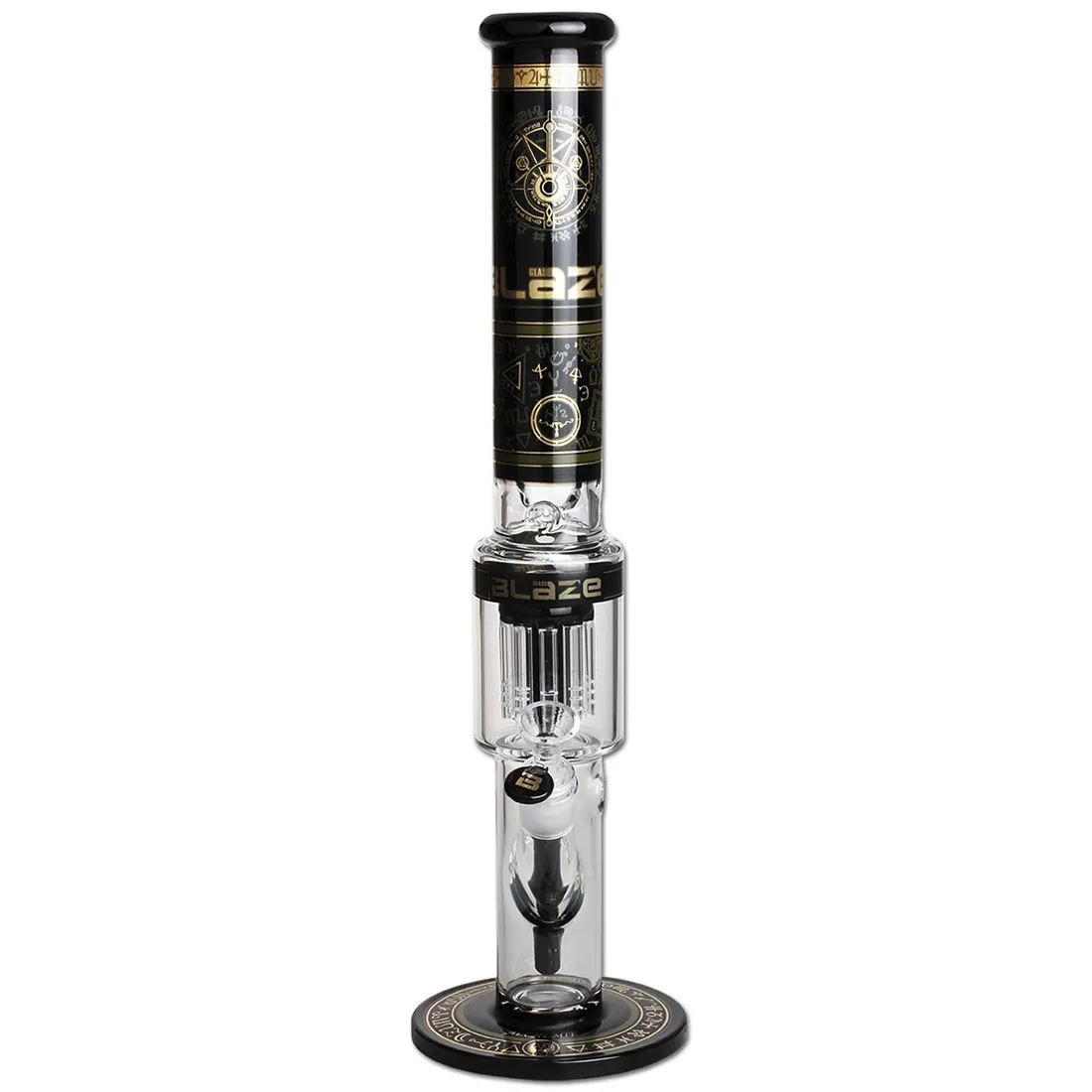 En 48 cm høj bong i klart glas med en slank, elegant form. Den har en ti-armet perkolator, der skaber en kompleks vandstrøm. Farverne skifter fra gennemsigtigt til en let grøn nuance ved bunden. Detaljer som en bred, stabil fod og en indsat skål er synlige, samt en bøjet hals for nem brug.