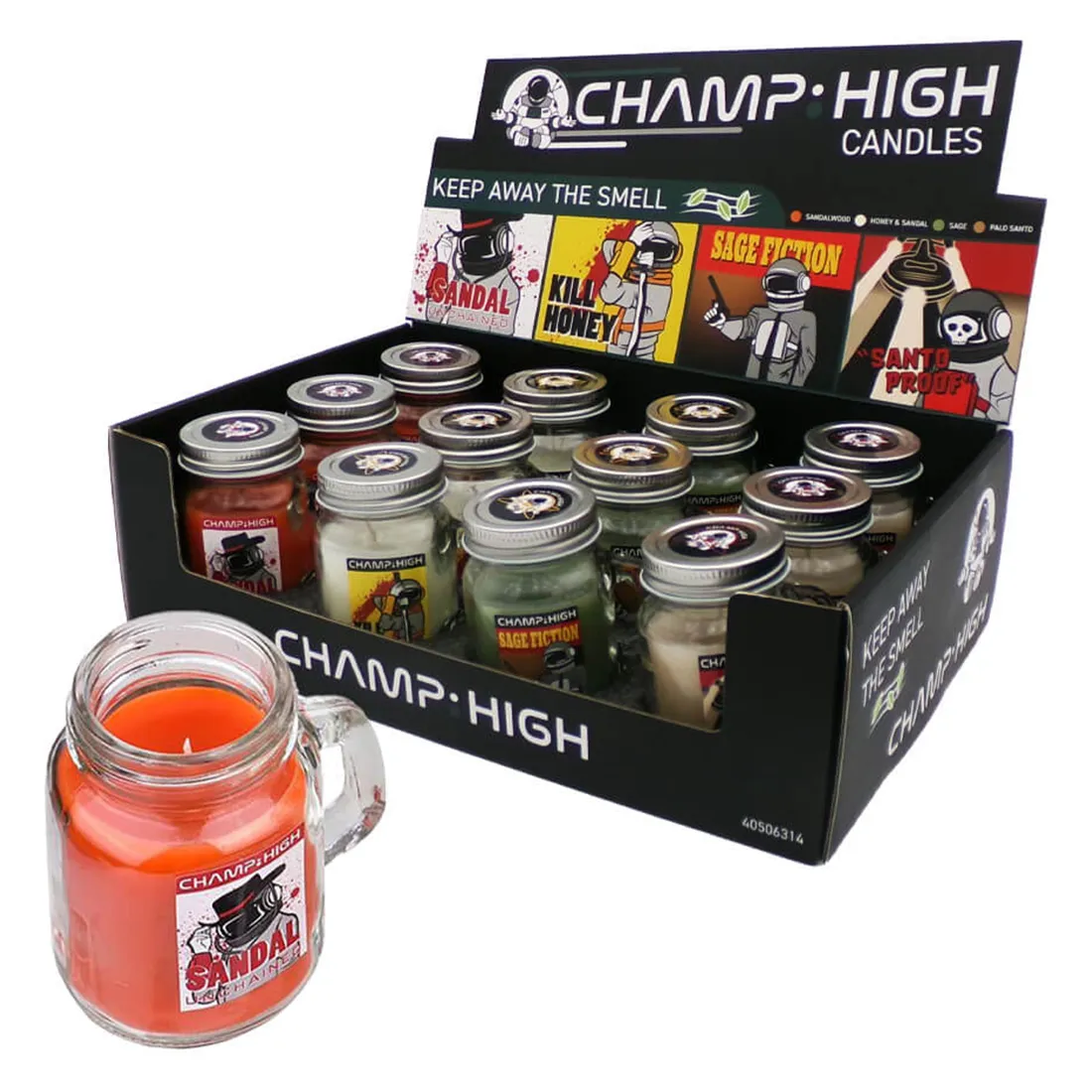 Champ High Smoke Killer stearinlys er præsenteret i en sort og guld farve. Lysene har en cylindrisk form med en glat, blank overflade, der reflekterer lys. Et sort låg med guld skrift pryder toppen, mens bunden er flad. Mærkets logo og produktinformation er trykt i elegant skrifttype. Duftnoter kan antydes, men er ikke synlige.