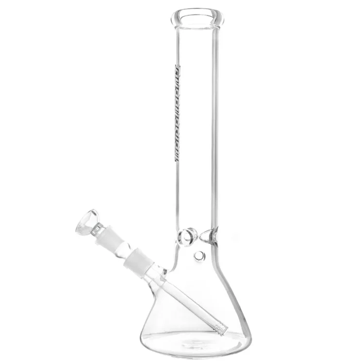 En sort beaker med en højde på 39 cm præsenterer sig med en glat, mat overflade. Beakeren har en bred, stabil bund, der gradvist indsnævres mod toppen. Den er dekoreret med hvide, stiliserede symboler og tekst, der fremhæver dens formål. Kanten er let afrundet, hvilket giver et elegant udtryk.