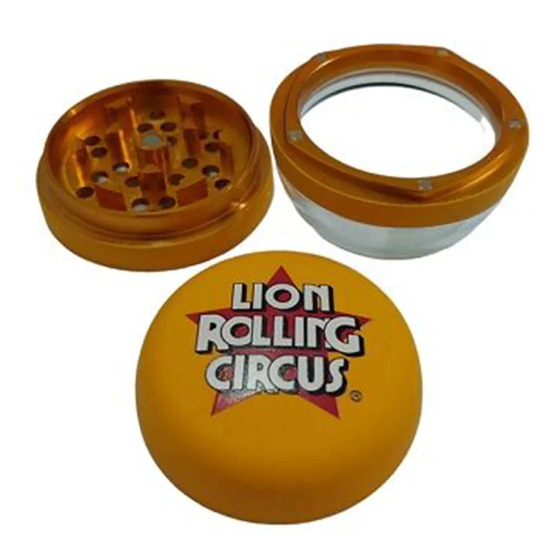 En rullegrinder i orange glas og metal, med en diameter på 53 mm. Den har en glat, skinnende overflade og er prydet med et cirkusmotiv. Grinderen har en flad, rund form og er udstyret med en skrueknap øverst, der muliggør justering. Det orange glas giver en gennemsigtig effekt, mens metalrammen tilføjer holdbarhed og stabilitet.