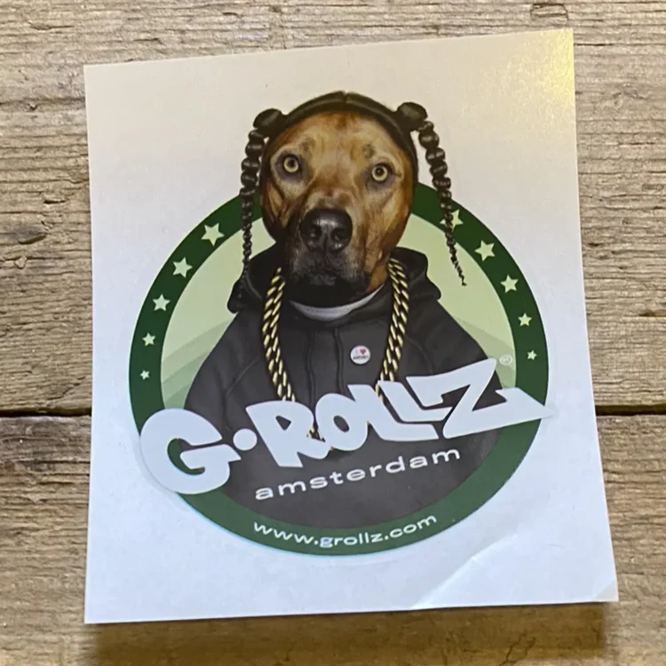 Et klistermærke med en sort baggrund prydet med en farverig illustration af en karakter med store, runde solbriller og et stort smil. Figuren er iført en farverig tøjstil med grafiske elementer, der inkluderer lyse farver som grøn, orange og lilla. Der er også tekst i hvid skrift, der bidrager til det visuelle udtryk.