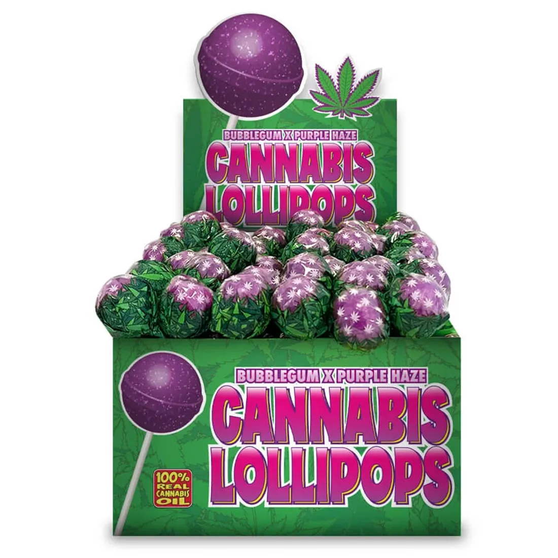 Et sæt lollipops præsenteres i en farverig sammensætning. Sukkerstænger i forskellige nuancer, primært lilla og grøn, har en spiralformet mønstring, der skaber en visuel dynamik. Overfladen er glat og skinnende, hvilket reflekterer lys. Stængerne er placeret på en hvid overflade, der fremhæver de livlige farver og mønstre.