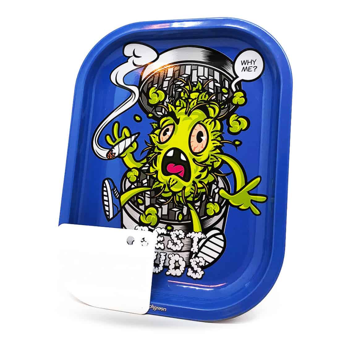 Grind Me mixerbakken er lavet af en solid, transparent plast, der fremhæver de indvendige detaljer. Bakken har en rund form med en slank kant og en lille, indbygget kniv i midten. Farverne varierer fra klar til let tonet grøn. Der er små teksturerede områder på overfladen, som giver et godt greb, og en tydelig logo- eller tekstprægning.