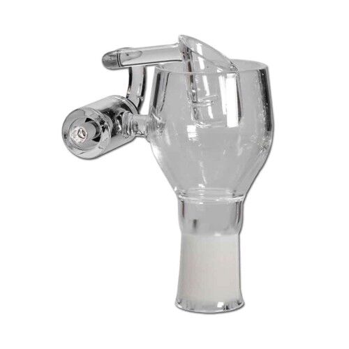 En klar glasbeholder med en let buet form præsenterer sig i en honningfarvet nuance. Beholderen har en glat overflade, der reflekterer lys ved kanterne. En låg med en lille, rund knap topper beholderen, og der er en spids udskæring til en ske. Bunden er flad, hvilket giver stabilitet, og hele designet udstråler elegance.