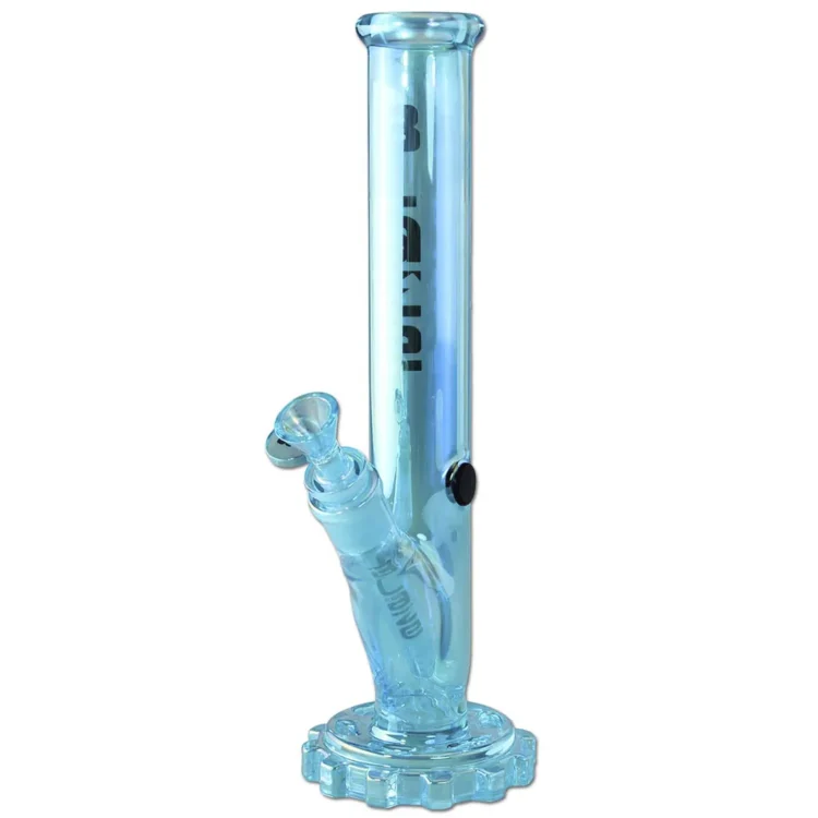 En 30 cm høj bong i klart glas præsenterer sig med en dyb blå farve på det spiralformede gear. Den har en cylindrisk form med en bred base, der taper opad. Bunden har en solid, flat overflade. Der er to knapper, der er indgraveret, samt et perkolatorområde med små huller, der sikrer filtrering. Overfladen har en glat tekstur.