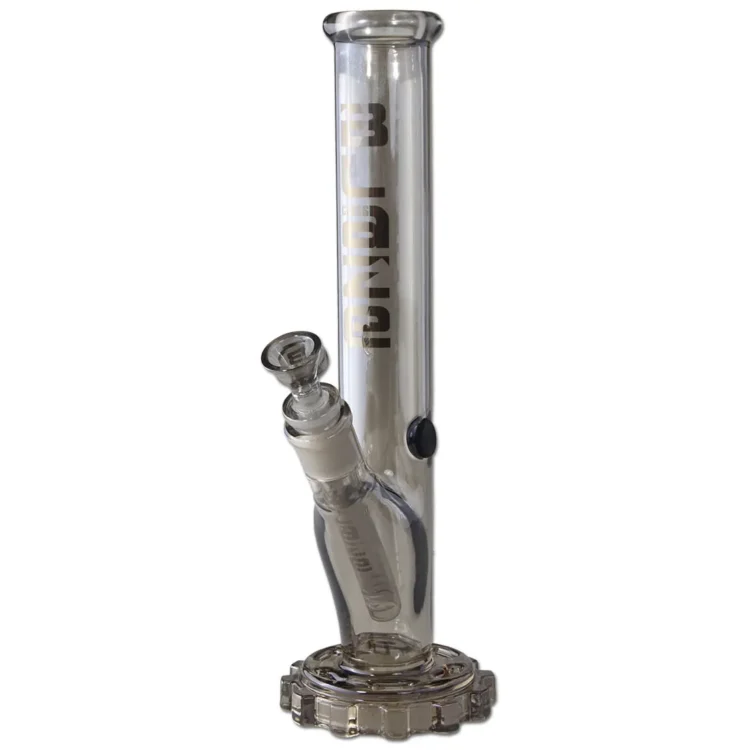 En grå bong i glas med en højde på 30 cm. Den har en cylindrisk form med en bred base, der gradvist snævrer ind mod toppen. Der er en skarp kant ved åbningen, og en tilsluttet skål i bunden. Overfladen er glat med en let gennemsigtig finish, der fremhæver de indre vandniveau og bobler.