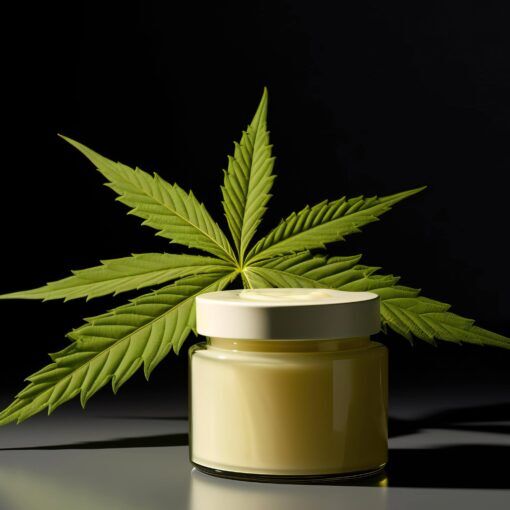 En rund, klart glas krukke med et sort låg indeholder en grønlig, cremet substans. Krukken står på en lys træoverflade, hvilket fremhæver dens glans. Substansen har en ujævn tekstur med små stykker, der er synlige. Baggrunden er neutral og uklar, hvilket skaber fokus på krukken og indholdet.