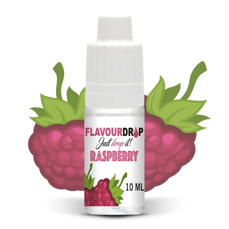 Flavour Drops hindbær aroma juice præsenterer sig i en klar, lille 10 ml flaske, fremstillet af plast. Flaskens label er prydet med en rød farve og et enkelt design, der indeholder teksten "Hindbær Aroma" i hvid skrift. Korkproppen er sort og glat, og flasken har en dråbe-penne-applikator til præcis dosering af væsken.