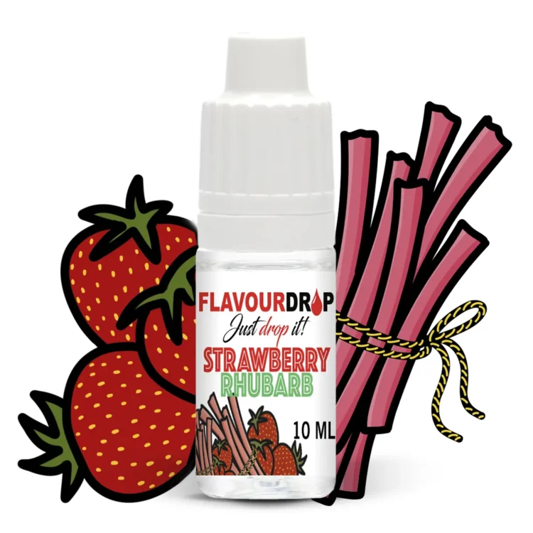 Flaske med en slank, transparent form, fyldt med en lyserød væske. Et sort, skrue-låg afslutter toppen, mens en hvid etikette pryder flaskens front. Et grafisk design viser stiliserede jordbær og rabarber, og teksten angiver produktets navn og indhold. Flasken er let og kompakt, ideel til opbevaring i skuffer eller hylder.