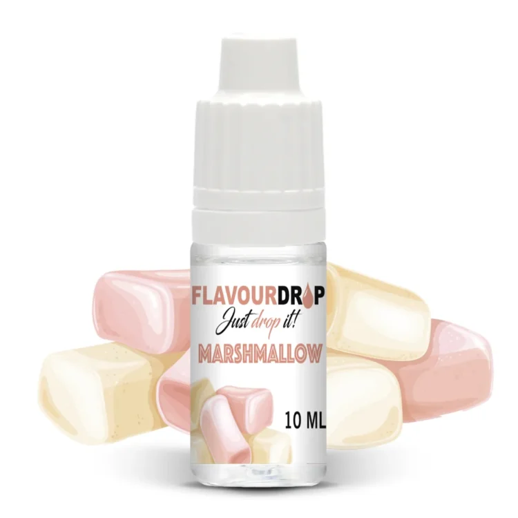 Flavour Drops skumfidus aroma juice præsenteres i en transparent flaske med en sort, skruehætte. Flasken indeholder en klar væske, der reflekterer lys. Etiket i bløde farver pryder flaskens forside med tekst og grafiske elementer, der angiver produktets navn og indhold. Flaskens form er slank og cylindrisk, hvilket gør den let at håndtere.