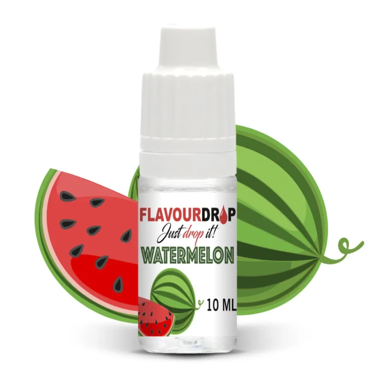 Flavour Drops vandmelon aroma i en gennemsigtig flaske på 10 ml. Flasken har en sort skruelåg med en pipette, der muliggør præcis dosering. Etiket med grønne nuancer pryder flaskens front, prydet med grafiske illustrationer af vandmelon. Teksten fremhæver aromaens karakter og indhold. Flaskens form er slank og cylindrisk.