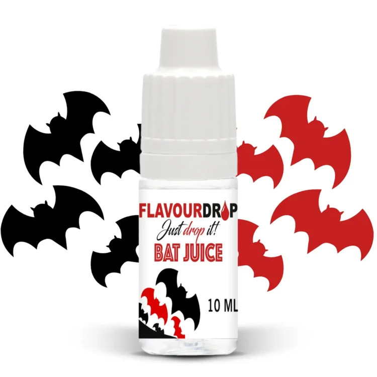 Flaske med en slank, transparent struktur, der indeholder en klar væske. Etiket med farverige grafiske elementer pryder flaskens overflade, fremhæver smagsvarianter med frugtmotiver. Korkpropen er sort og har en lille åbning til dosering. Flasken har en kapacitet på 10 ml og står på en neutral baggrund, som fremhæver dens farver og design.