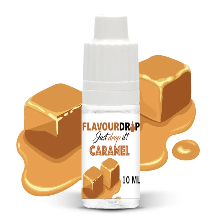 Flaske med en klar, gylden væske, der ligner karamel. Den har en slank, høj form med en sort plastikproptrækker og en sølvfarvet skruelåg. Etiket i nuancer af brunt og guld pryder flaskens front og indeholder tekst i hvid og sort. Flasken står på en lys overflade, hvilket fremhæver dens glans og farve.