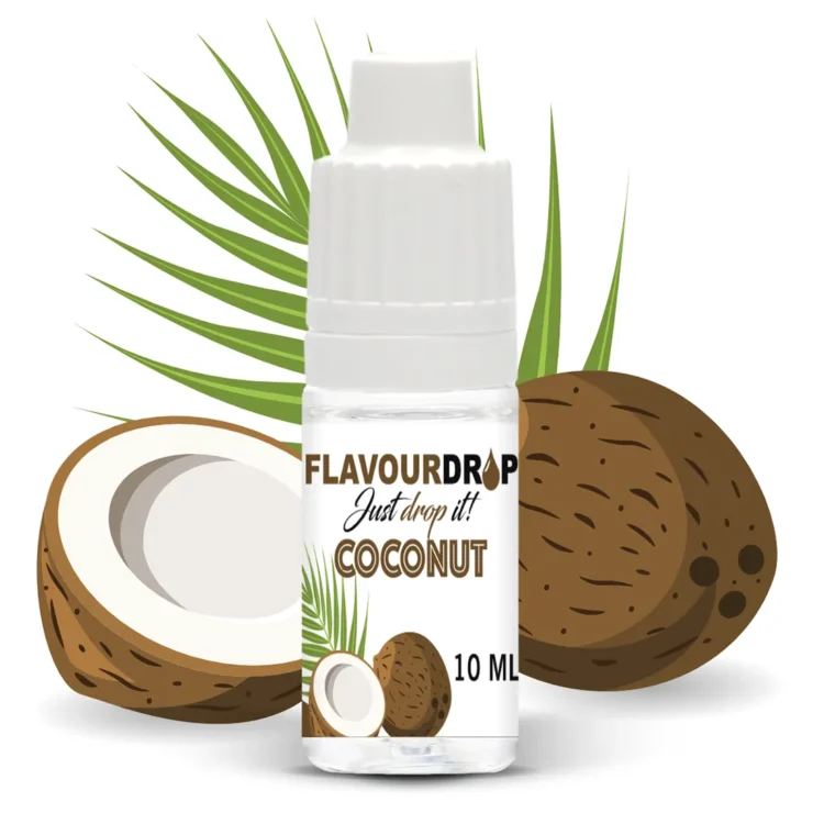 Flavour Drops kokosaroma præsenterer sig i en klar 10 ml flaske med en transparent væske. Flasken har en smal, hældetude og en skruehætte i sort plast. Etiketdesignen omfatter en hvid baggrund med grønne og brune nuancer, der illustrerer kokosnødder. Teksten er sort og letlæselig, mens flaskens form er cylindrisk og kompakt.