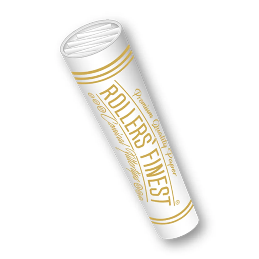 En pakke med præ-rullede filtertips præsenteres i en rektangulær form. Forsiden er prydet med en gylden farve og elegant skrifttype, der angiver produktnavnet. Mønsteret er enkelt, med en glat overflade, der reflekterer lys. Filtrene i pakken har en hvid farve og en ensartet struktur, hvilket indikerer en høj kvalitet.