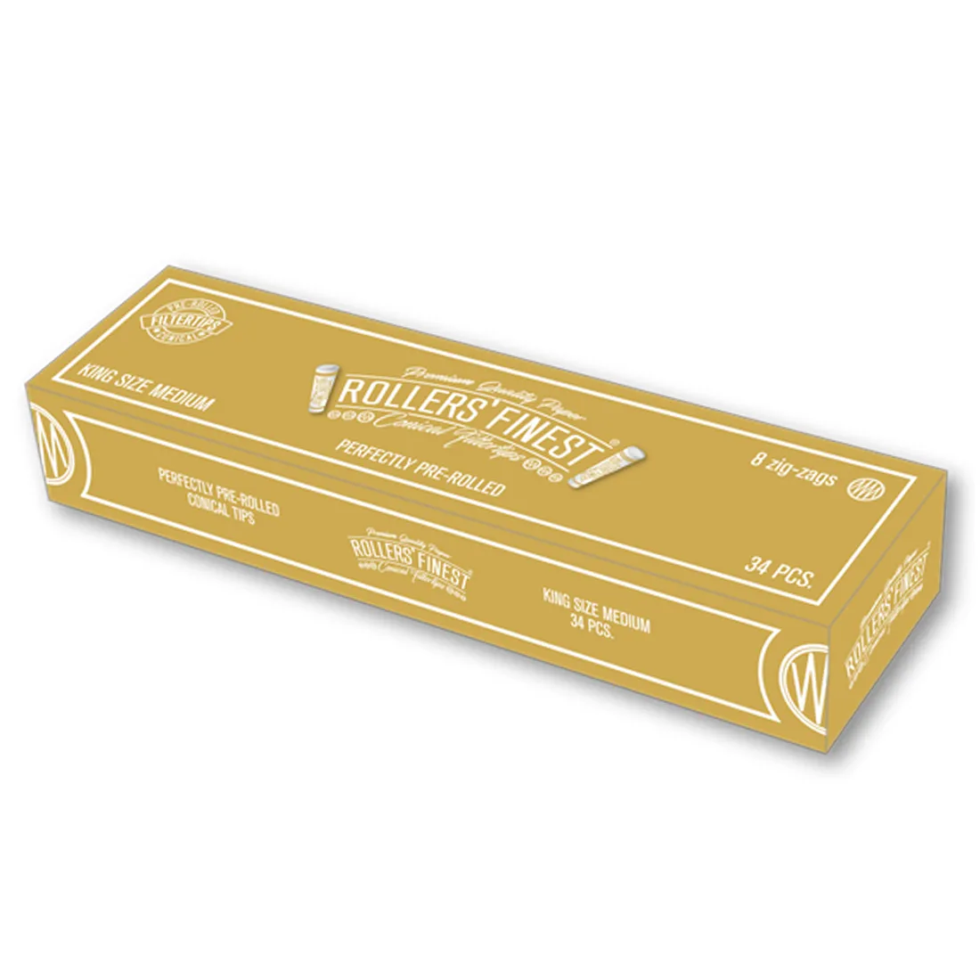 Guldfarvede filtertips præsenterer sig i en lang, slank form. Overfladen er glat med en let glans, der fanger lyset. Hver filtertip har en ensartet, symmetrisk struktur og er designet til at være praktisk med en tydelig afslutning. De er samlet i en pakke, der fremstår stilren og funktionel med en enkel, men elegant æstetik.