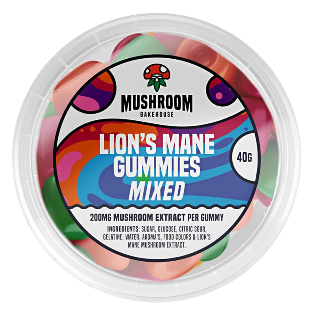 En række farverige gummier præsenteres i forskellige former, herunder cirkler og boller. Farverne spænder fra lysegrøn og orange til dyb rød og gul. Overfladen er glat med en let glans, og gummierne er forsynet med små detaljer og strukturer, som giver en taktil dimension. Hver gummi har en ensartet størrelse og form.