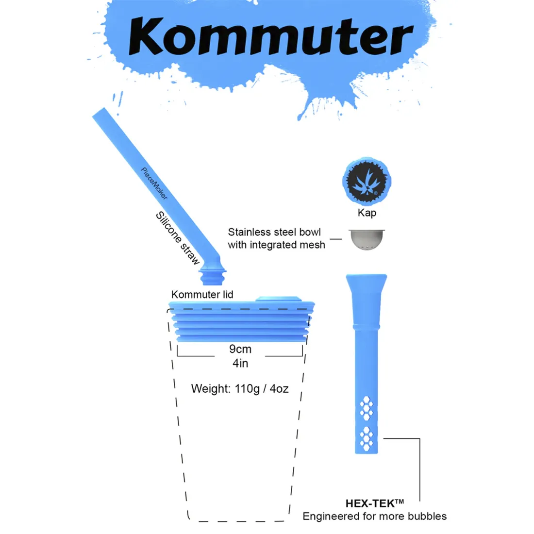 En cylindrisk, metalgrå genstand med en glat overflade og en diameter på cirka 92 mm. Den har en let buet top og en flad bund. Langs kanten ses en indgravering med tekniske specifikationer. En mindre, sort knap er placeret på siden, mens et væskefyldt indre er synligt gennem en gennemsigtig sektion, der afslører en klar, væskeagtig substans.