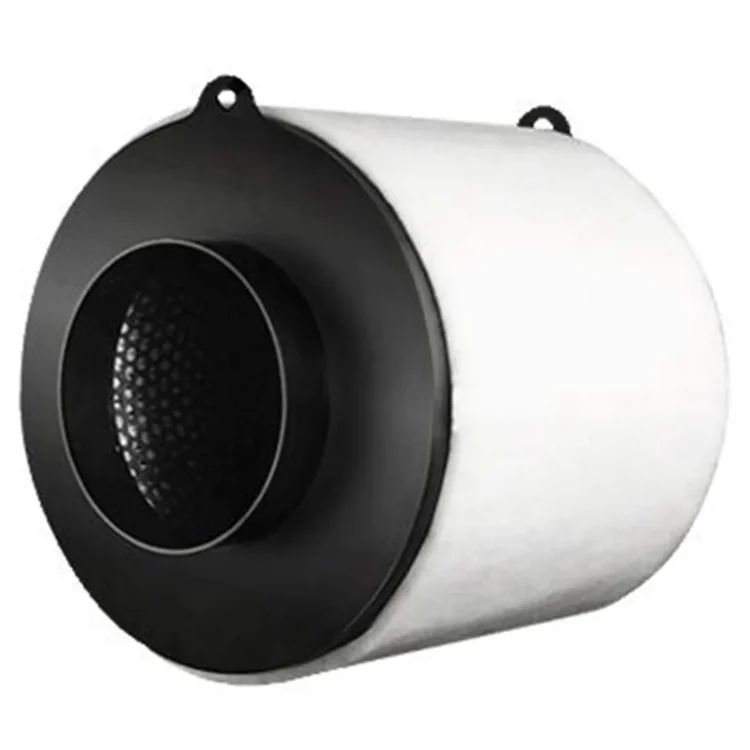 Garden HighPro - ProActive Kulfilter har en sort metalhætte, hvid ydre krop, honeycomb-mønstret inderside og to monteringskroge. Dets industrielle design gør det til et ideelt luftfilter til forskellige behov.