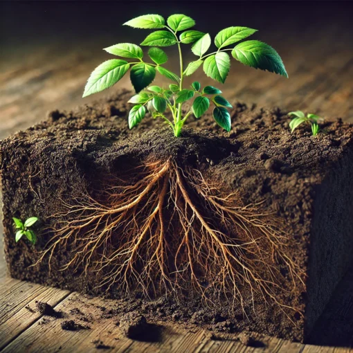 sund, grøn plante med tydelige rødder i jorden