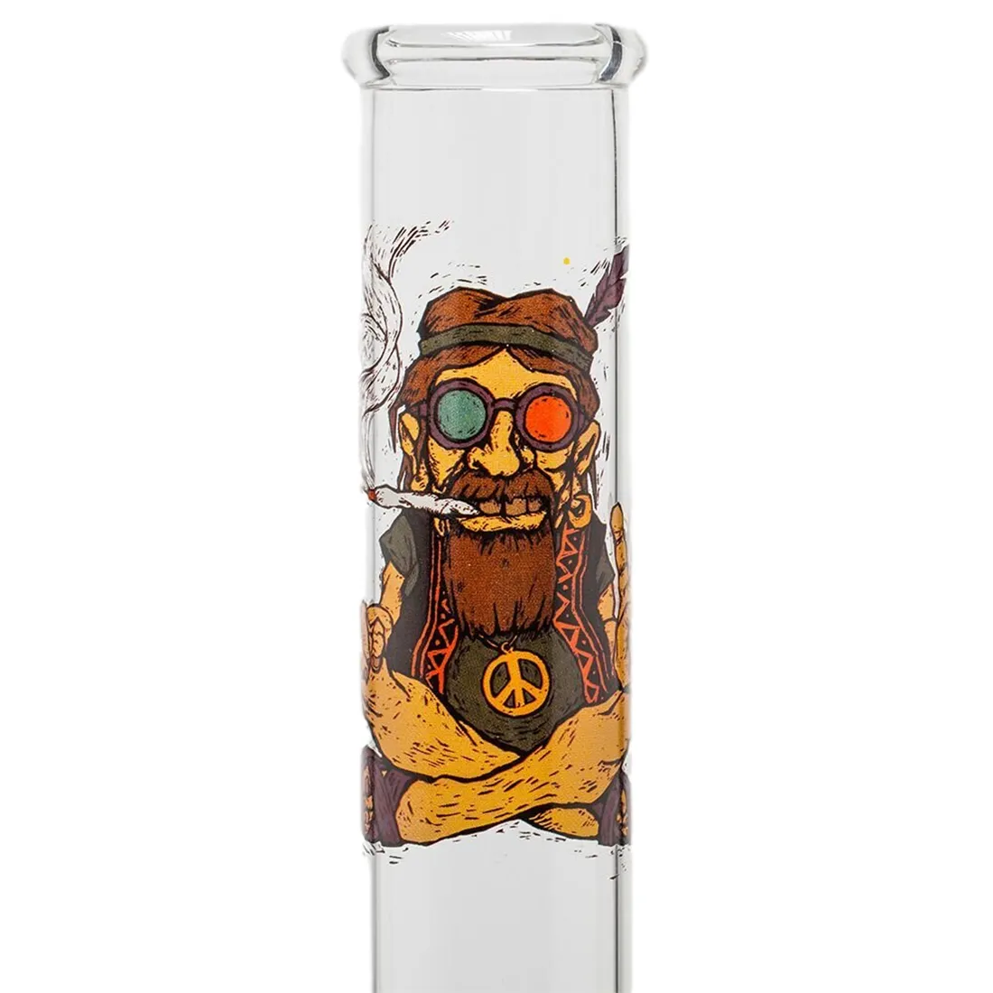 En 30 cm høj bong i klart glas med en bred, stabil base. Den er udsmykket med farverige, psykedeliske mønstre i nuancer af grøn, blå, orange og gul. Røret er slankt og buet, og toppen har en indvendig skål til tobak. Det glatte glas giver en skinnende overflade, der reflekterer lys.