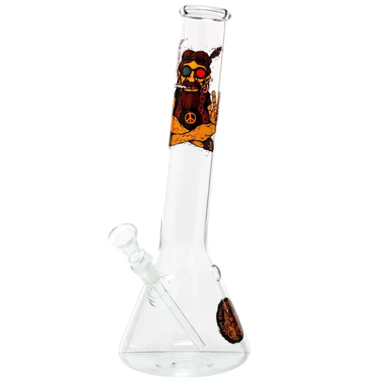 En 30 cm høj bong fremstår i transparent glas med en let grønlig nuance. Den har en rund bund, der giver stabilitet. Øverste del er udstyret med et bølget rør, som fører til en smal mundstykke. Indvendigt ses en skål til tobak, og der er små bobler i glasset, der skaber en interessant tekstur.