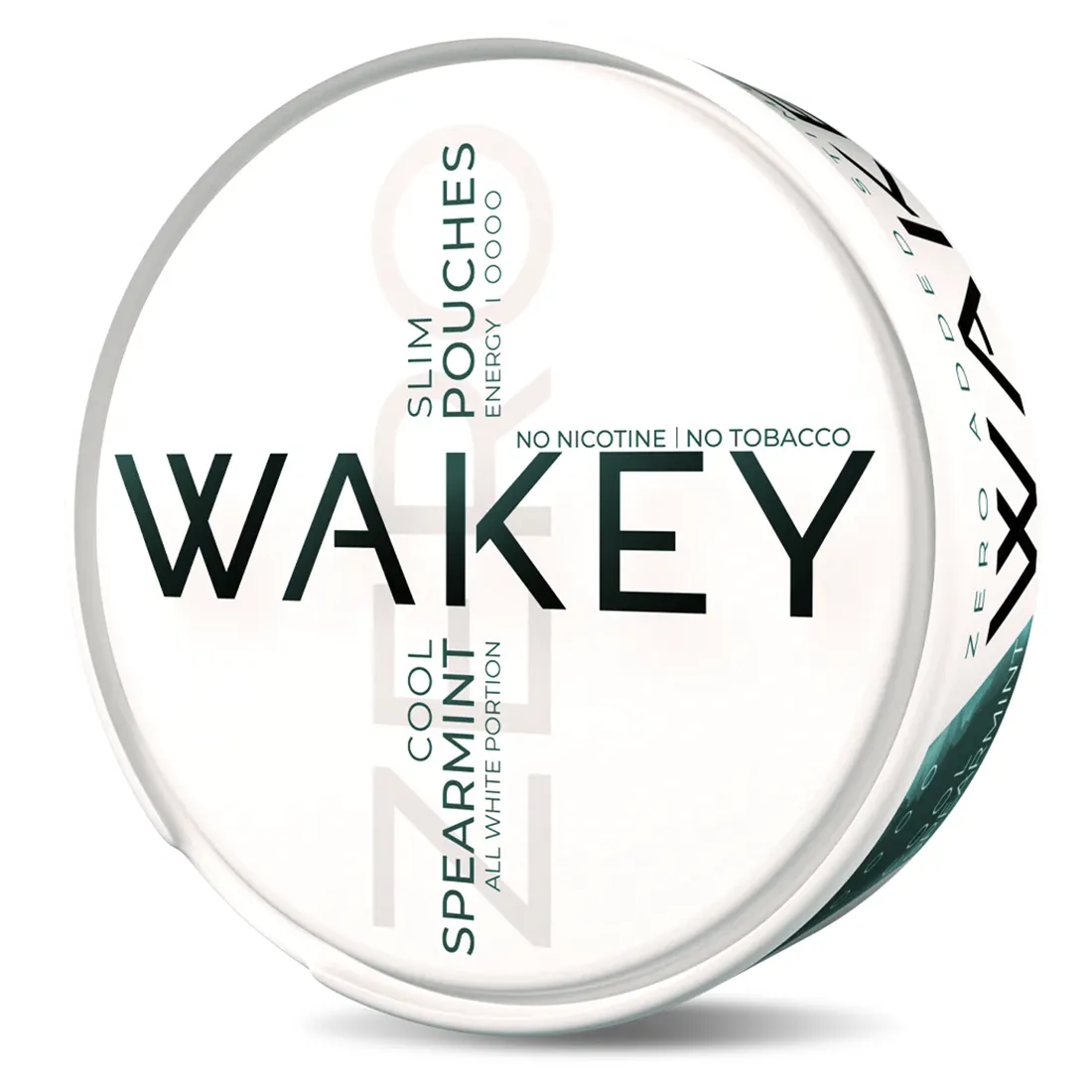 En cylindrisk beholder i en lys mintgrøn farve. Overfladen har en glat, skinnende finish. Låget er fladt, med en let buet form og en lille knap i midten. På forsiden findes et simpelt, hvidt logo med en stiliseret skrift. Beholderens størrelse er kompakt, hvilket gør den nem at håndtere.