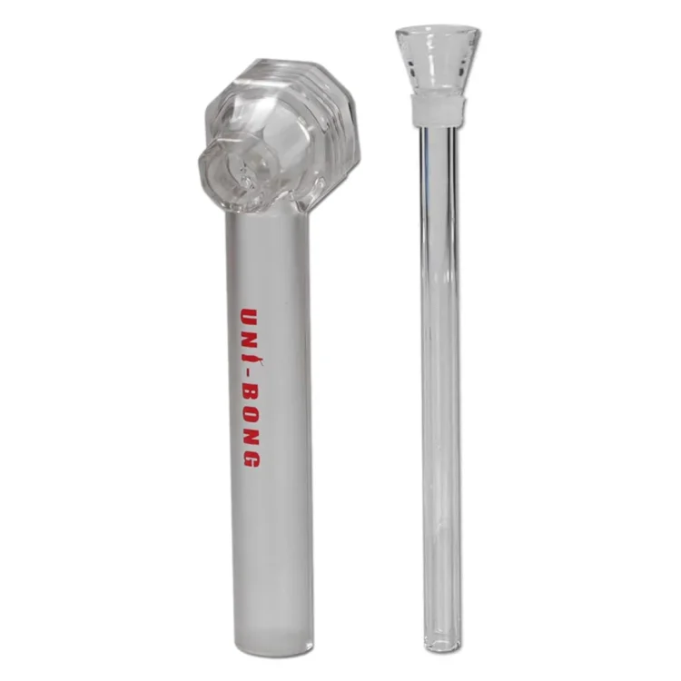 En gennemsigtig bong i klart glas med en længde på 160 mm. Den har en slank, cylindrisk form og en bredere base, der sikrer stabilitet. Øverst er der en tilslutning til en mundstykke, mens en lille skål til materiale sidder i siden. Overfladen er glat og skinnende, med en subtil refleksion af lys.