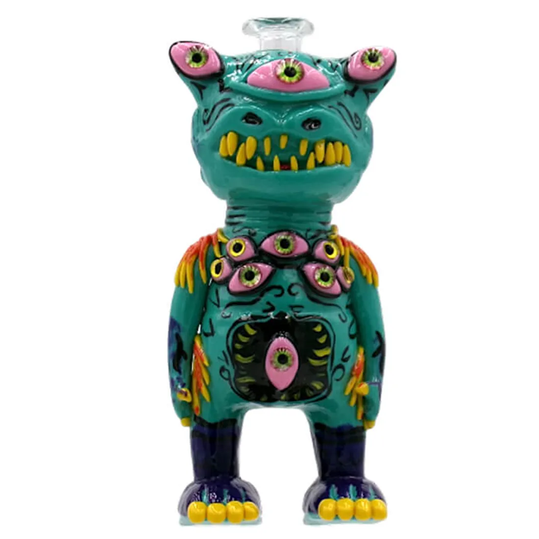 En sort keramisk bong med en glat overflade præsenterer sig i en elegant, buet form. Den har en rund bund, der gradvist snævrer ind mod munden, som er udstyret med en bred åbning. Mønstre af små, farvede prikker dekorerer overfladen, hvilket skaber en kontrast til den matte sorte farve. En skål til materiale placeres på siden, der understøtter en rørformet struktur.