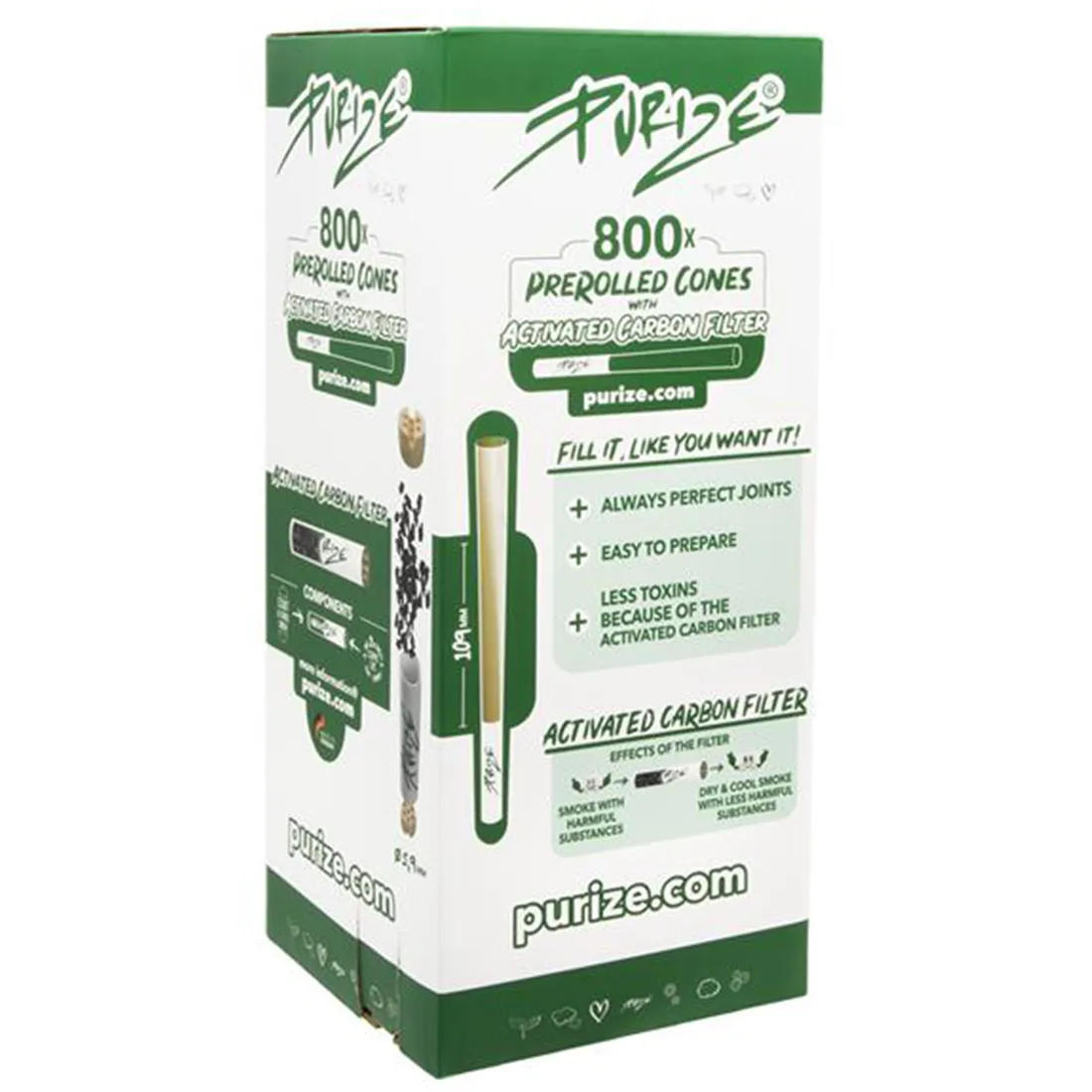 PURIZE® - Unbleached King Size Activated Carbon Cones 800 stk