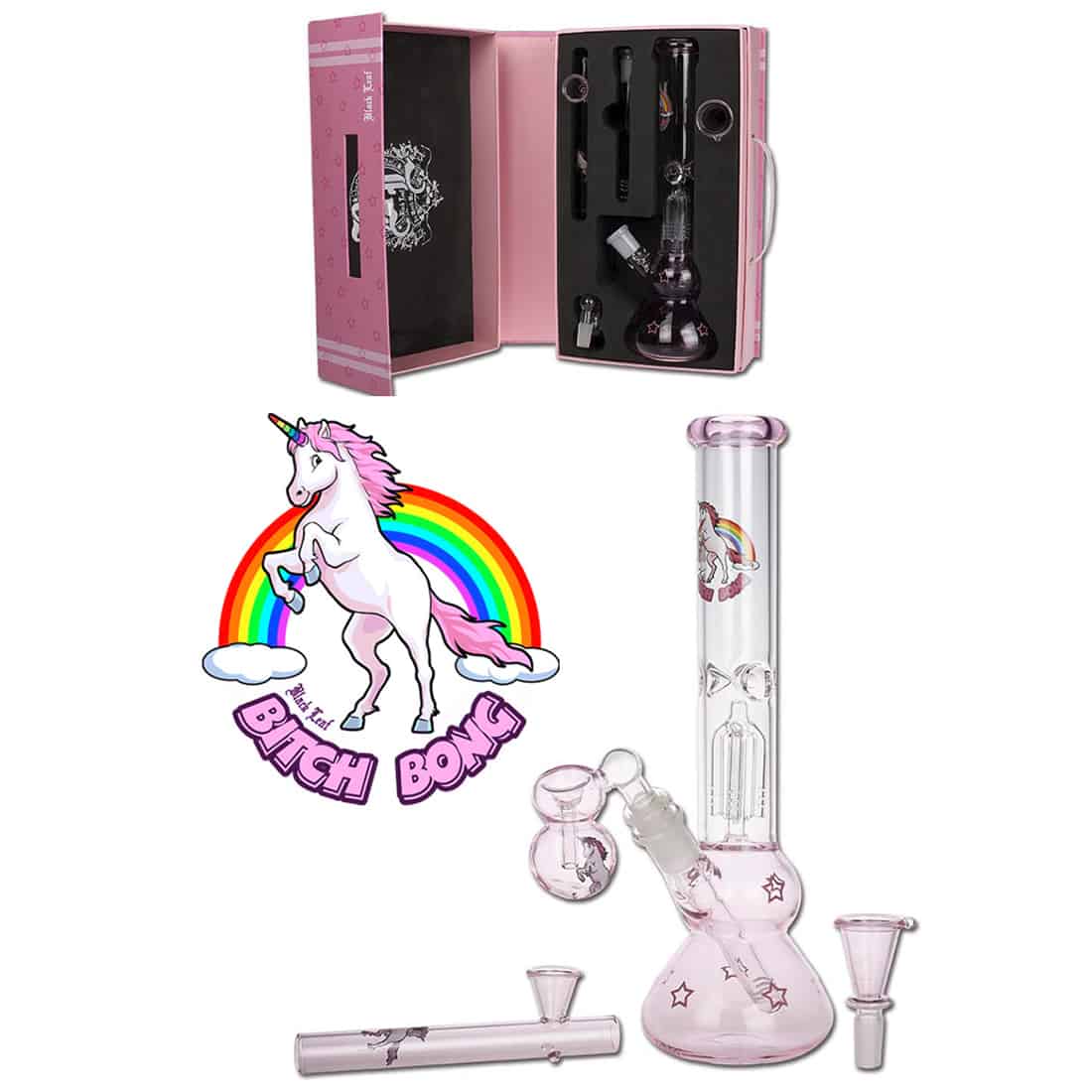 En sort bong med en glat overflade pryder midten af kompositionen. Den har en buet form med en bred base og en slank hals, der afsluttes med en skål til urter. Bongen er udsmykket med blade i en lysere nuance, som står i kontrast til det matte sorte. En glasrørstræk leder op til skålen, hvilket skaber en elegant linje.