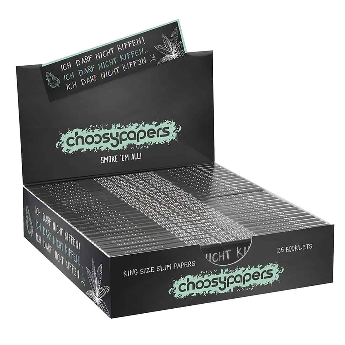 En sort displayboks med flere pakker med "Choosypapers - ICH DARF NICHT KIFFEN King Size Slim" med mintgrøn tekst og cannabisbladdesign.
