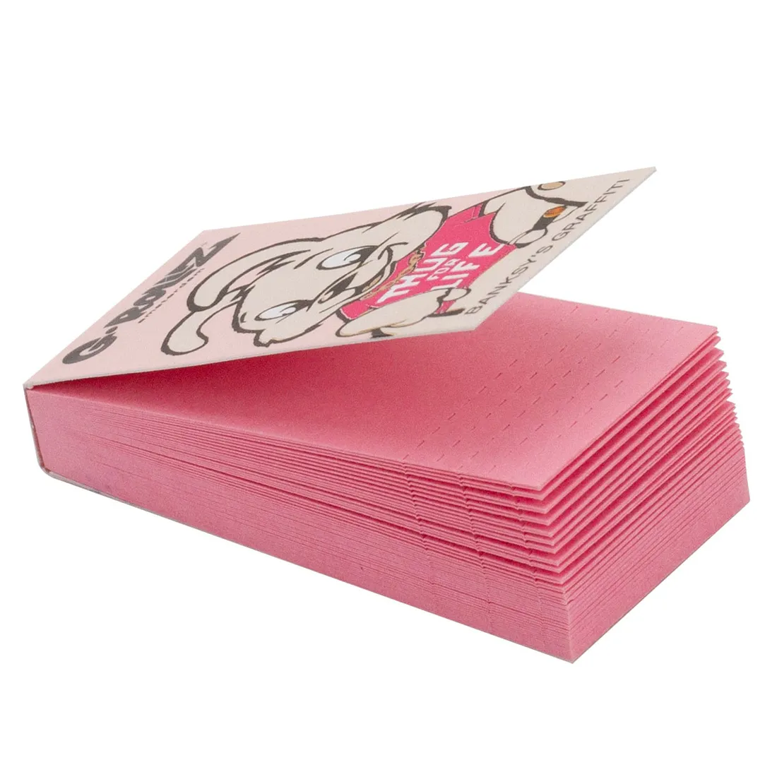 G-Rollz graffiti filtertips præsenterer en dyb lyserød farve med grafiske elementer og tekst. Mønsteret indeholder ord og symboler, der kombinerer street art-æstetik med farverige detaljer. Overfladen fremstår glat, og kanterne er skarpe, hvilket bidrager til produktets moderne udtryk. Designet er ungdommeligt og energisk, ideelt til en kreativ bruger.