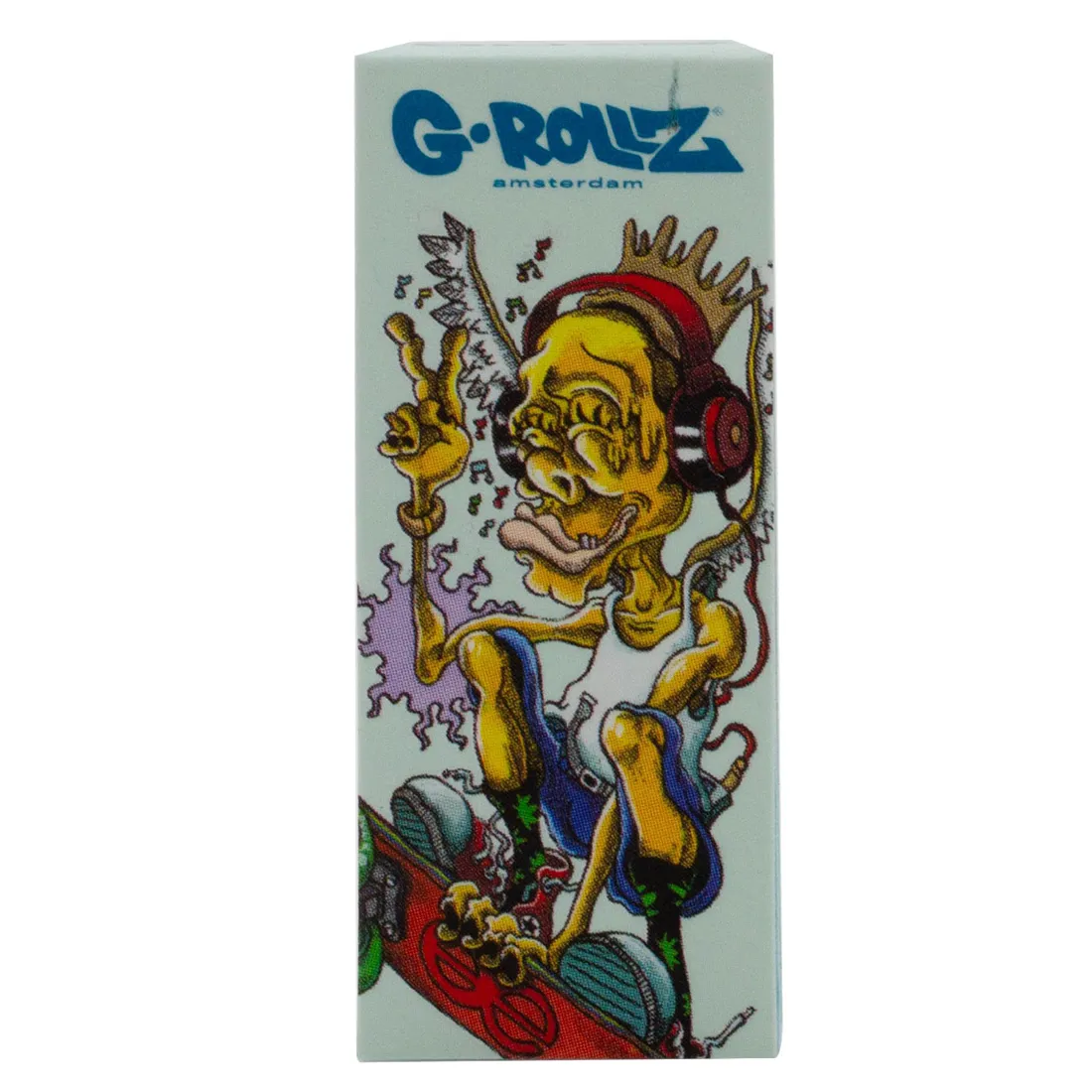 G-Rollz Dunkees Skate har en dyb blå farve med et glat, blankt overflademateriale. Designet inkluderer grafiske motiver i kontrasterende nuancer, der tilføjer visuel interesse. Filtertipsene er cylindrisk formede, med runde ender, og har en fin tekstur, der sikrer et godt greb. Elementerne er placeret symmetrisk, hvilket skaber en harmonisk helhed.