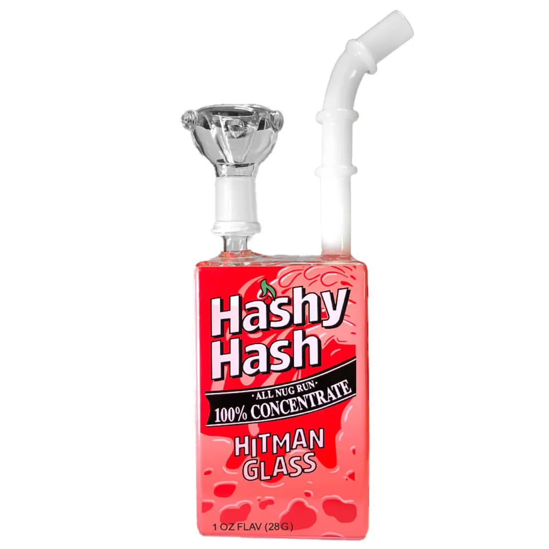 Et klart glas med en rundet form og en smal hals, der gradvist udvider sig mod toppen. Glasset har en cartoonagtig designstil, prydet med farverige motiver og en sød ansigtstræk. Overfladen er glat og skinnende, mens bunden er bred for stabilitet. Det samlede udtryk er legende og iøjnefaldende med en kombination af lysere farver som grøn, pink og gul.