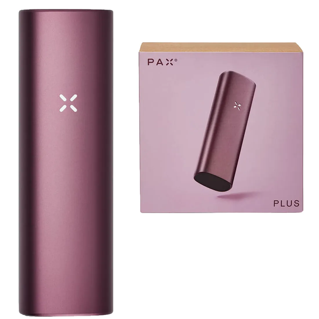 Pax Plus vaporizer præsenterer sig med en slank, rektangulær form i en dyb, mørk lilla farve, der ligner bær. Overfladen er glat og mat, med en let struktureret tekstur. Fronten har et aflangt, sølvfarvet metalpanel med et enkelt knapdesign. Der er små luftindtag og en diskret logo-placering, der bidrager til det minimalistiske udtryk.