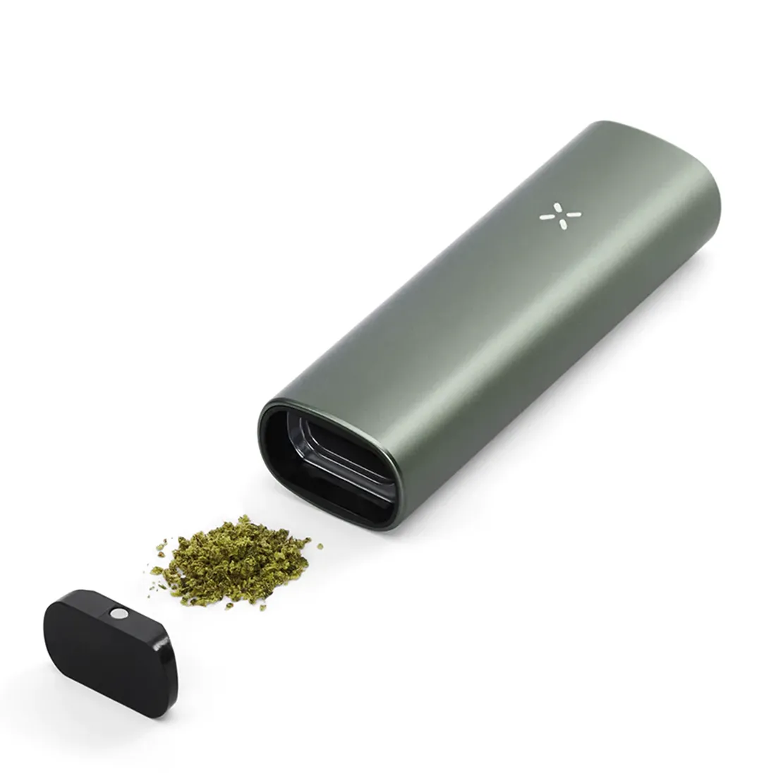 Pax Plus vaporizer præsenterer en slank, rektangulær form med afrundede kanter. Overfladen er dækket af en mat, grågrøn finish, der giver en moderne æstetik. En central knap er placeret på forsiden, omgivet af en diskret LED-indikator. Ventilationsåbninger ses på siden, hvilket fremhæver designets funktionalitet. Materialet virker glat og holdbart, hvilket understøtter en stilren fremtoning.